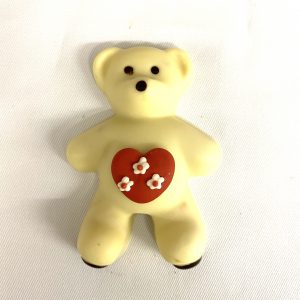 Handmade White chocolate Teddy Bear filled with rice Crispies and sugar heart motif belly