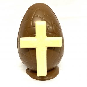 Handmade 5″ Milk Chocolate Easter Egg with a White Chocolate Cross mounted on the front