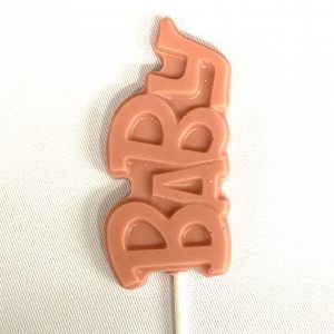 Handmade white chocolate ‘Baby’ lollipop in pink