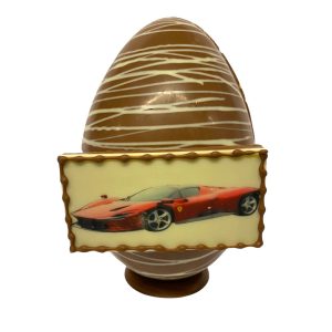 8″ Milk & White chocolate Easter egg with a Milk & White chocolate edible plaque of a ‘Ferrari Daytona,
