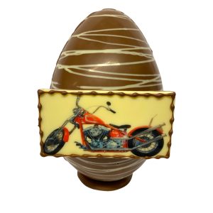 8″ Milk & White chocolate Easter Egg with a Milk & White chocolate edible picture ‘Harley Davidson Motorbike’