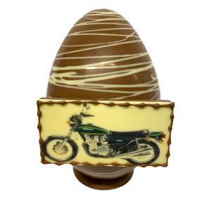 8″ Milk & White Chocolate Easter egg with a Milk & White chocolate plaque with edible image of a Kawasaki Z900 Motorbike