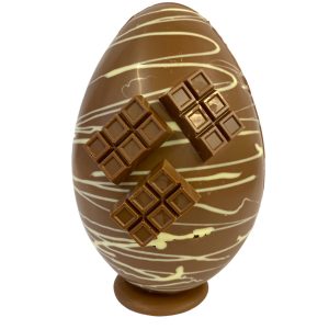 Handmade 8″ Milk & White Chocolate Easter Egg filled with 24 handmade assorted Truffles and Chocolates and mini bars mounted on the front