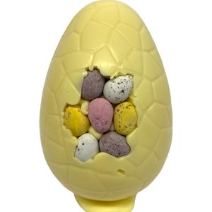 6″ White Chocolate Easter egg with a mini speckled eggs front