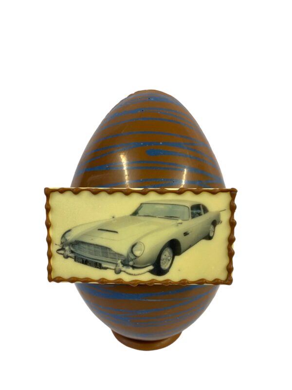 Handmade milk & white chocolate Easter egg mounted with a James Bond themed plaque which is completely edible