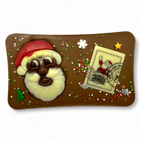 Milk White & Dark Chocolate Santa Bar with white chocolate stamp and Christmas sprinkles
