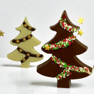 Mini solid Christmas Tree shapes topped with sprinkles finished with a clear bag & ribbon ready to hang from your tree. Milk, White or Dark options available